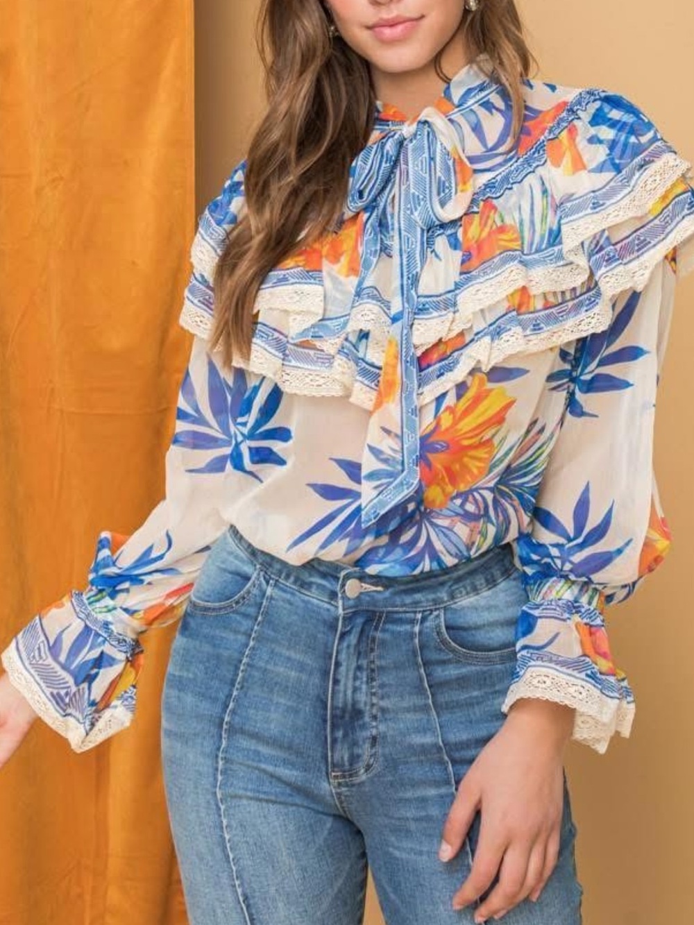Tie-Neck Floral Ruffle Blouse in Blue, Orange & Cream